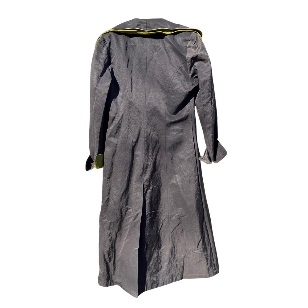 Coterie de France Long Grey Trench Coat Lime Green Trim Adjustable Collar Size L - Picture 2 of 7
